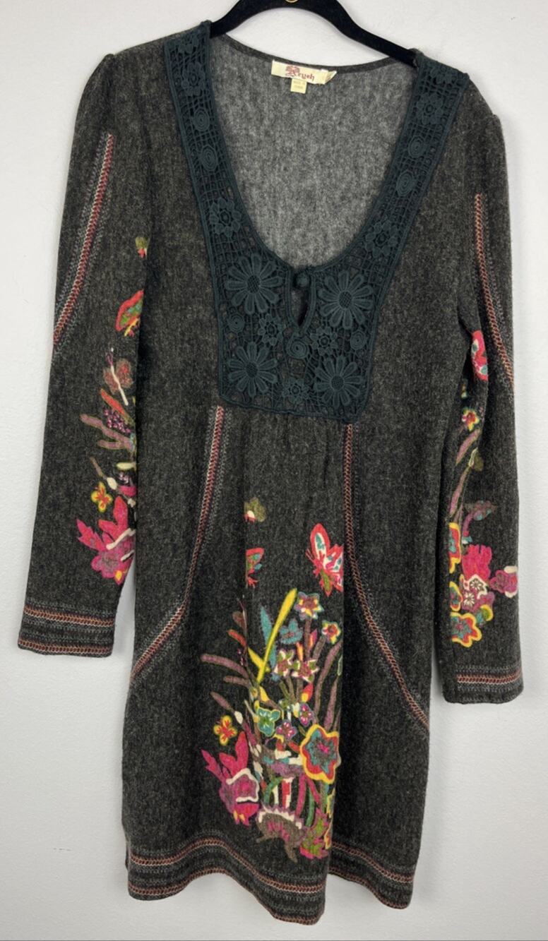 Aryeh Sweater Boho Folk-Chic Romantic Floral Crochet Dress Long Sleeve Size Lg